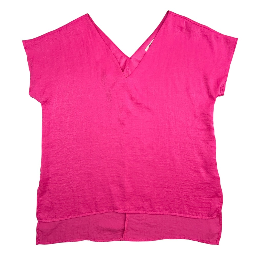 Caramela Blouse Women Medium Pink Short Sleeve V-Neck High Low Satin Casual